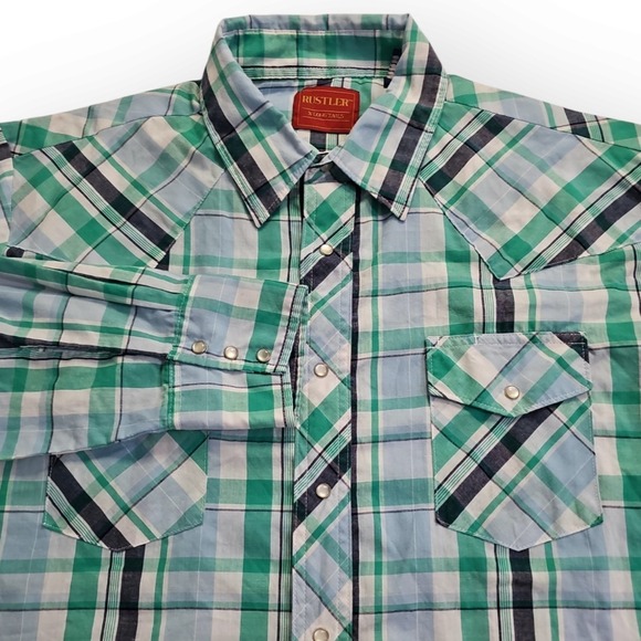 Rustler Other - Rustler X-Long Tails Teal, White, Navy Western Pearl Snap Wrangler Cowboy Rodeo